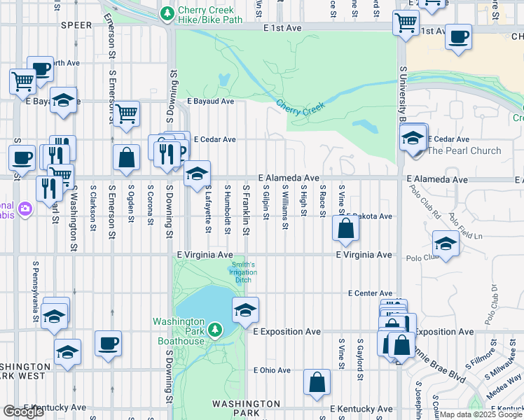 map of restaurants, bars, coffee shops, grocery stores, and more near 385 South Gilpin Street in Denver