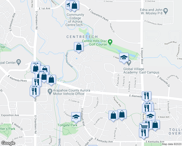 map of restaurants, bars, coffee shops, grocery stores, and more near 15911 East Dakota Place in Aurora