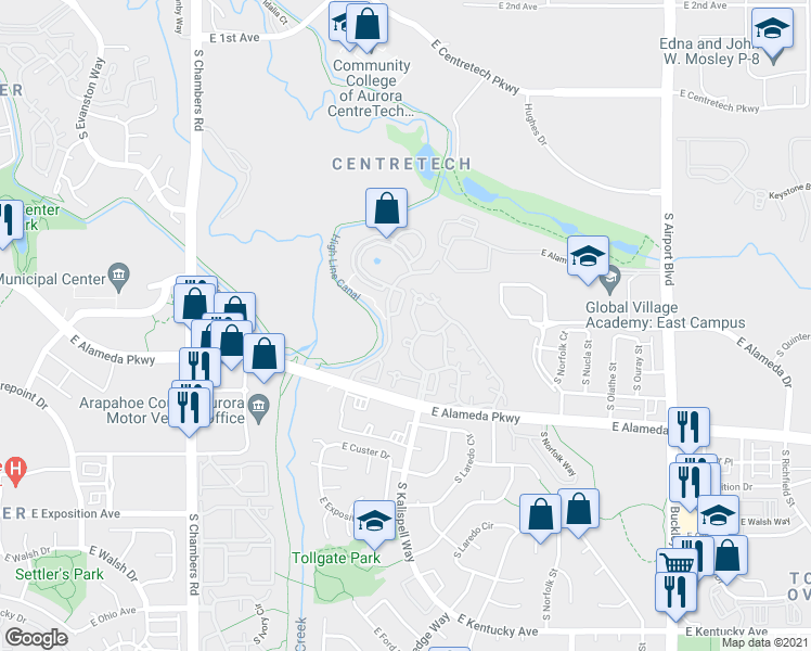 map of restaurants, bars, coffee shops, grocery stores, and more near 338 South Joplin Street in Aurora