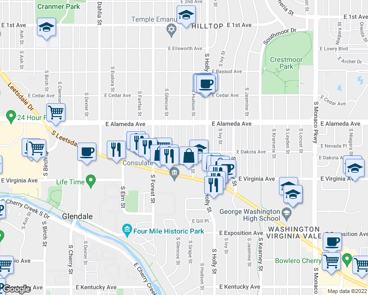 map of restaurants, bars, coffee shops, grocery stores, and more near 5401 East Dakota Avenue in Denver