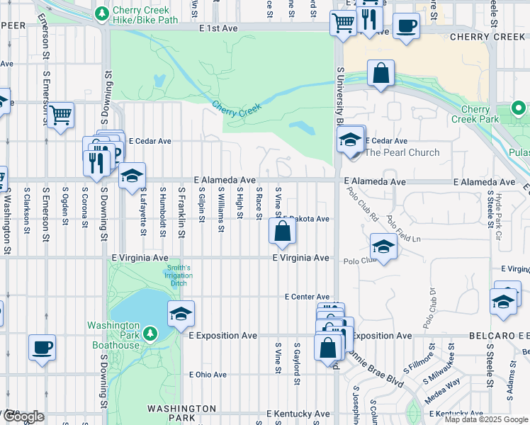 map of restaurants, bars, coffee shops, grocery stores, and more near 382 South Race Street in Denver