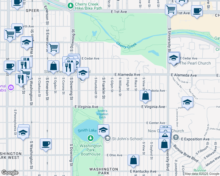 map of restaurants, bars, coffee shops, grocery stores, and more near 386 South Franklin Street in Denver