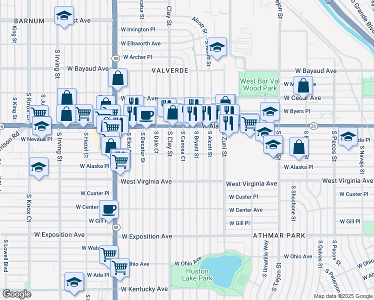 map of restaurants, bars, coffee shops, grocery stores, and more near 395 South Canosa Court in Denver