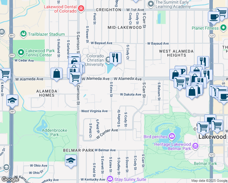 map of restaurants, bars, coffee shops, grocery stores, and more near 374 South Estes Street in Lakewood