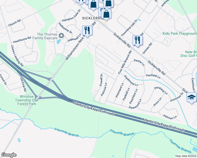map of restaurants, bars, coffee shops, grocery stores, and more near 6 Patricia Lane in Sicklerville