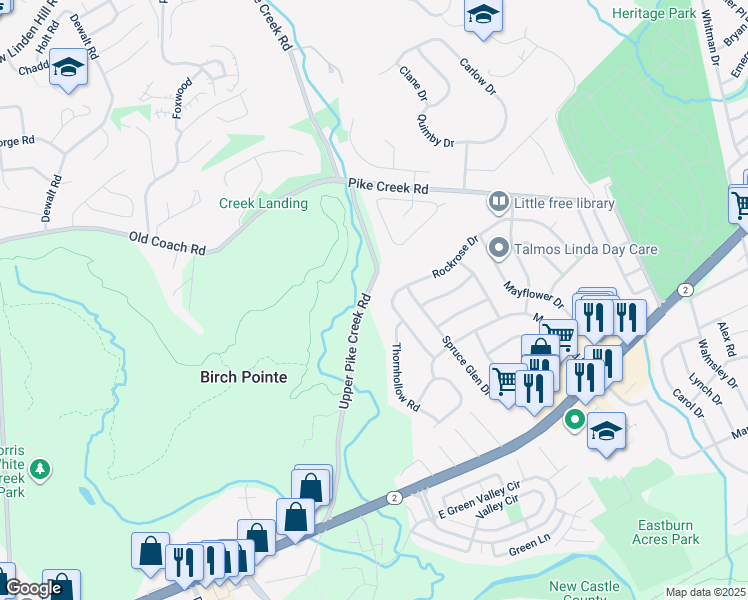 map of restaurants, bars, coffee shops, grocery stores, and more near 112 Upper Pike Creek Road in Newark
