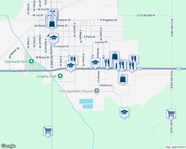 map of restaurants, bars, coffee shops, grocery stores, and more near 705 East Columbia Street in Arthur