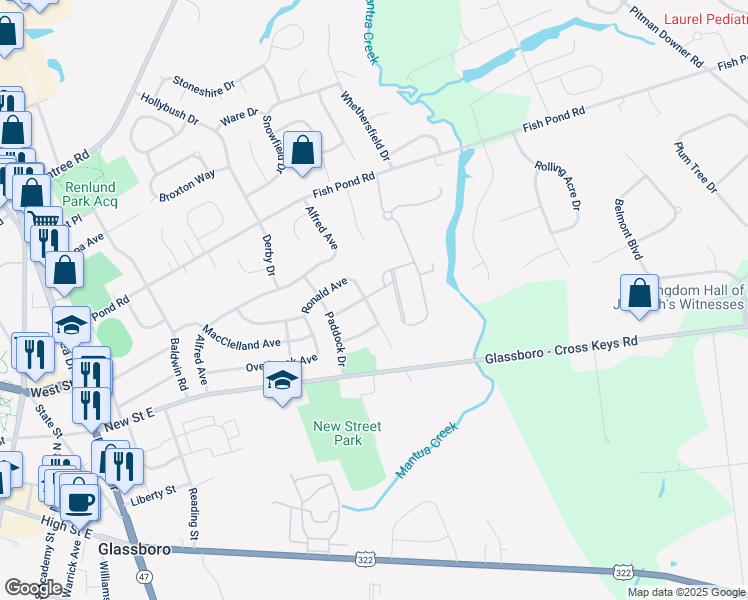 map of restaurants, bars, coffee shops, grocery stores, and more near 601 Ronald Avenue in Glassboro
