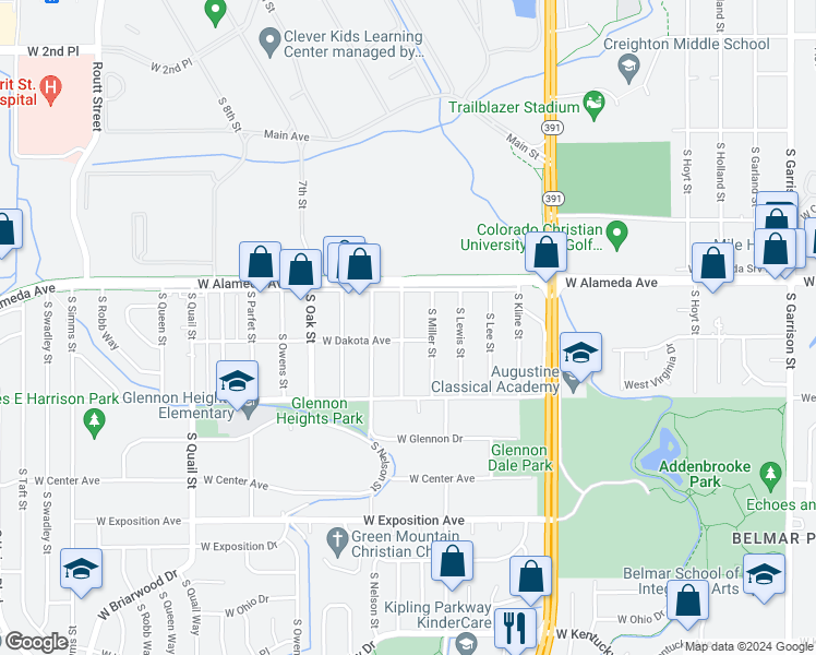 map of restaurants, bars, coffee shops, grocery stores, and more near 380 South Moore Street in Lakewood