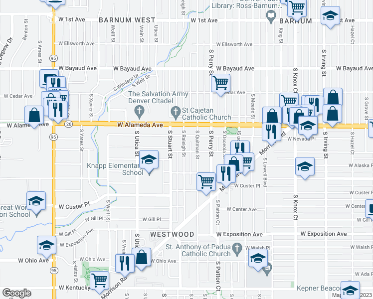 map of restaurants, bars, coffee shops, grocery stores, and more near 398 South Raleigh Street in Denver