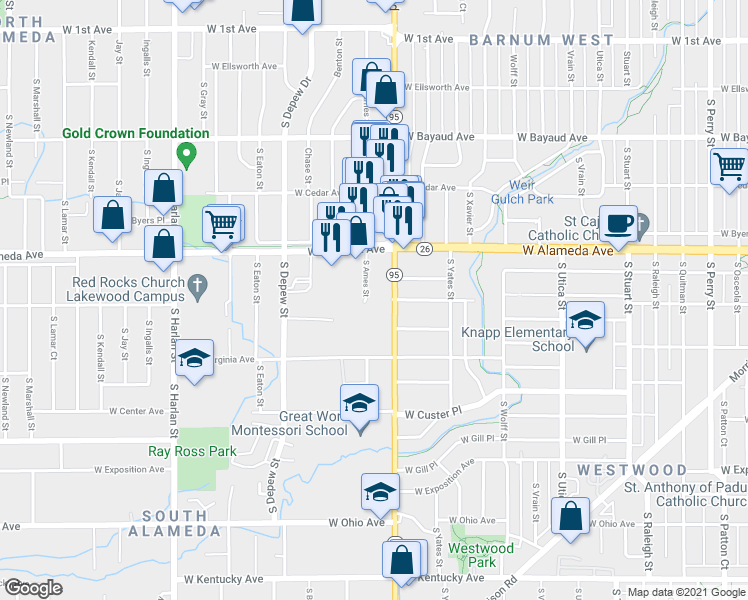 map of restaurants, bars, coffee shops, grocery stores, and more near 406 S Ames St in Lakewood