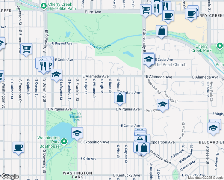 map of restaurants, bars, coffee shops, grocery stores, and more near 382 South Race Street in Denver