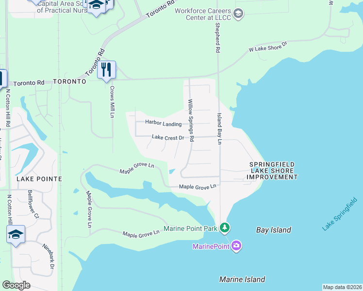 map of restaurants, bars, coffee shops, grocery stores, and more near 6404 Raintree Place in Springfield