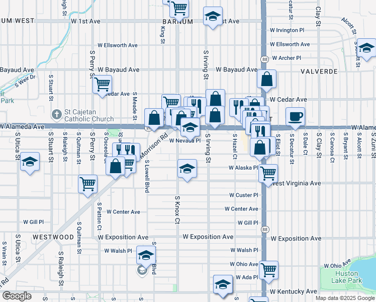 map of restaurants, bars, coffee shops, grocery stores, and more near 3421 West Dakota Avenue in Denver