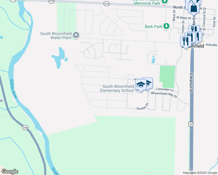 map of restaurants, bars, coffee shops, grocery stores, and more near 324 Honeysuckle Road in South Bloomfield