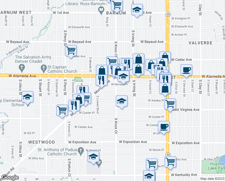 map of restaurants, bars, coffee shops, grocery stores, and more near 3467 West Dakota Avenue in Denver