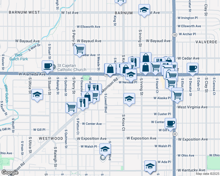 map of restaurants, bars, coffee shops, grocery stores, and more near 3570 Morrison Road in Denver