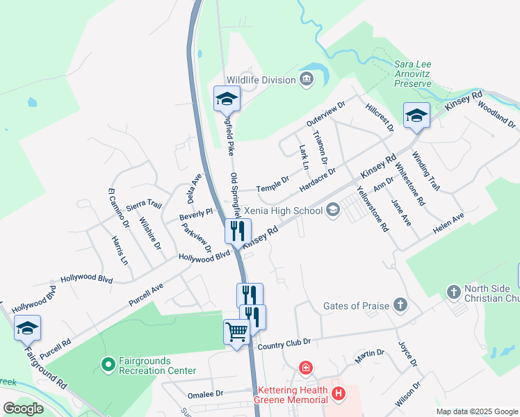 map of restaurants, bars, coffee shops, grocery stores, and more near 41 Hardacre Drive in Xenia