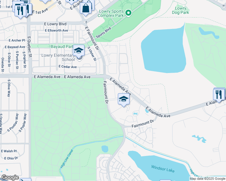 map of restaurants, bars, coffee shops, grocery stores, and more near 8225 Fairmount Drive in Denver