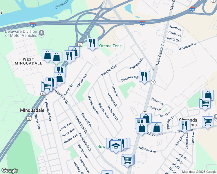 map of restaurants, bars, coffee shops, grocery stores, and more near 419 Bethune Drive in Wilmington