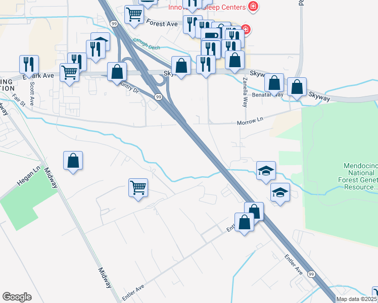 map of restaurants, bars, coffee shops, grocery stores, and more near Fair Street in Chico