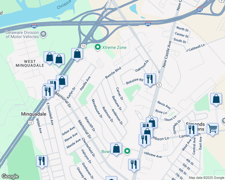 map of restaurants, bars, coffee shops, grocery stores, and more near 419 Bethune Drive in Wilmington