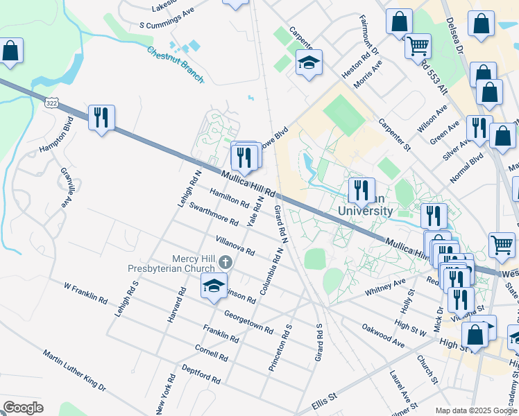 map of restaurants, bars, coffee shops, grocery stores, and more near 222 Hamilton Road in Glassboro