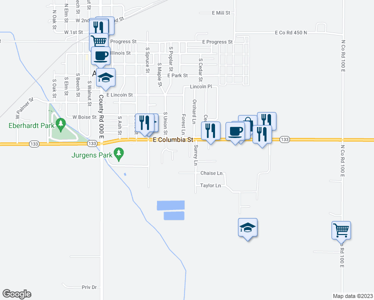 map of restaurants, bars, coffee shops, grocery stores, and more near 705 East Columbia Street in Arthur