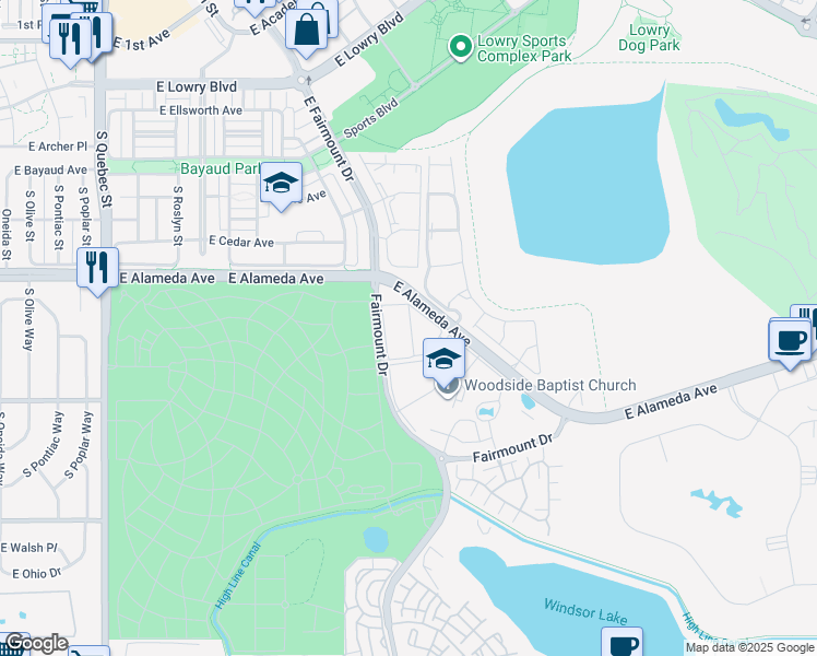 map of restaurants, bars, coffee shops, grocery stores, and more near 8225 Fairmount Drive in Denver