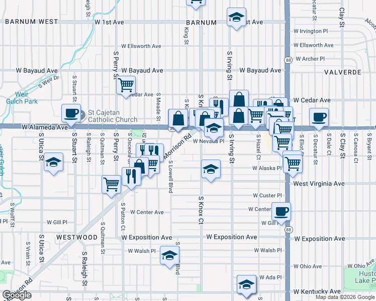 map of restaurants, bars, coffee shops, grocery stores, and more near 3467 West Dakota Avenue in Denver