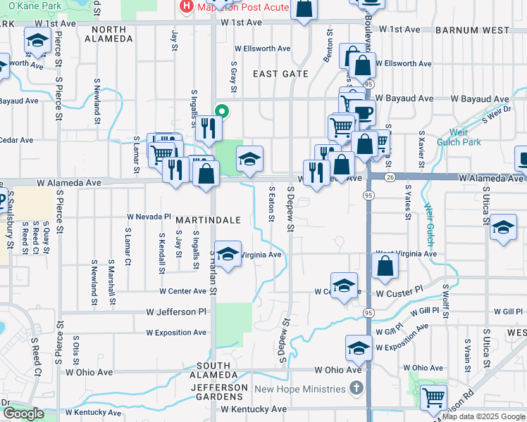 map of restaurants, bars, coffee shops, grocery stores, and more near 333 South Eaton Street in Lakewood