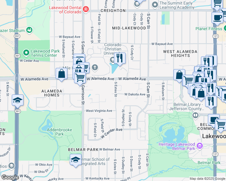 map of restaurants, bars, coffee shops, grocery stores, and more near 371 South Estes Street in Lakewood