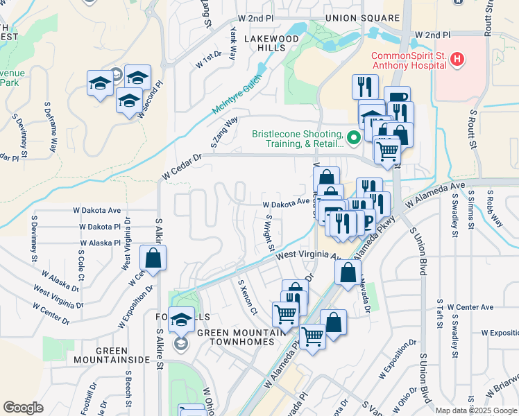 map of restaurants, bars, coffee shops, grocery stores, and more near 435 South Wright Street in Lakewood