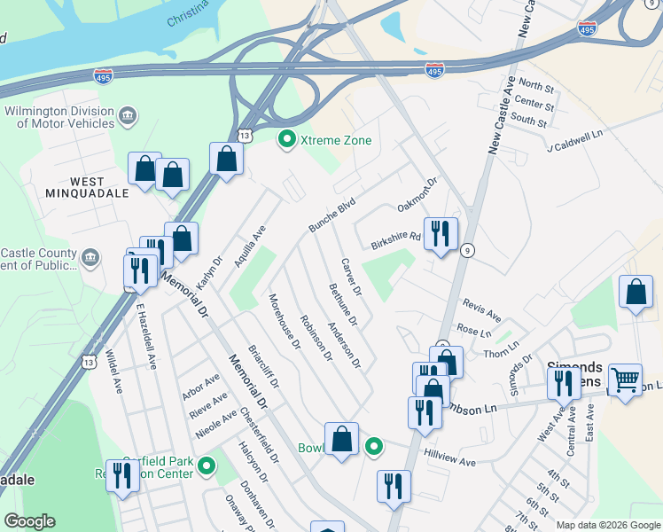 map of restaurants, bars, coffee shops, grocery stores, and more near 421 Bethune Drive in Wilmington