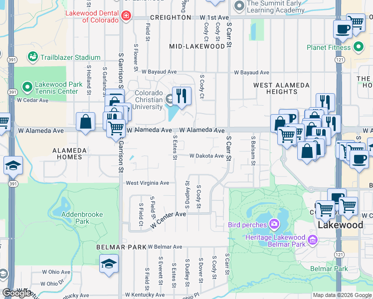 map of restaurants, bars, coffee shops, grocery stores, and more near 374 South Estes Street in Lakewood