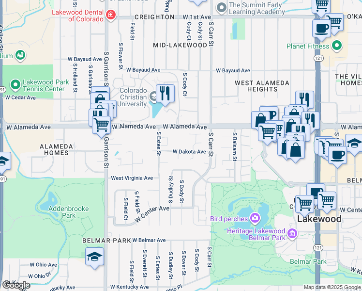map of restaurants, bars, coffee shops, grocery stores, and more near 8585 West Dakota Avenue in Lakewood