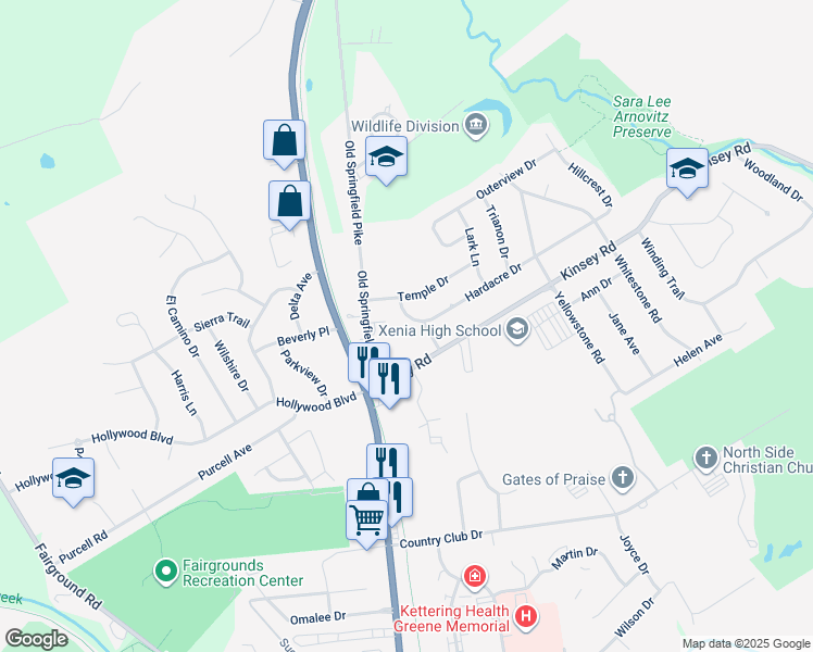 map of restaurants, bars, coffee shops, grocery stores, and more near 41 Hardacre Drive in Xenia