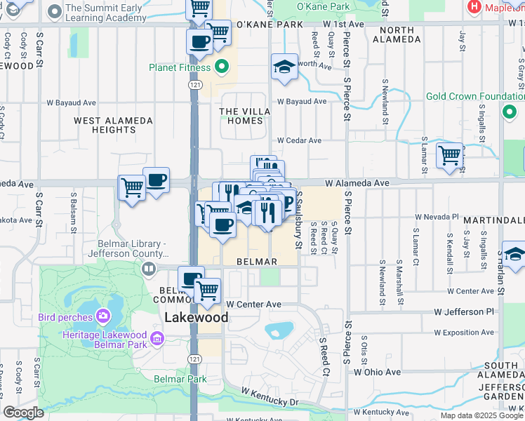 map of restaurants, bars, coffee shops, grocery stores, and more near 355 South Teller Street in Lakewood