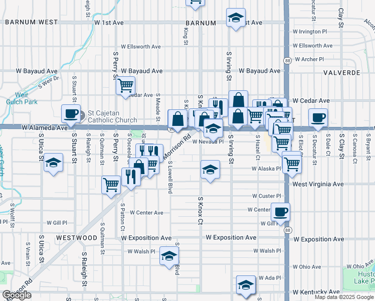 map of restaurants, bars, coffee shops, grocery stores, and more near 3467 West Dakota Avenue in Denver
