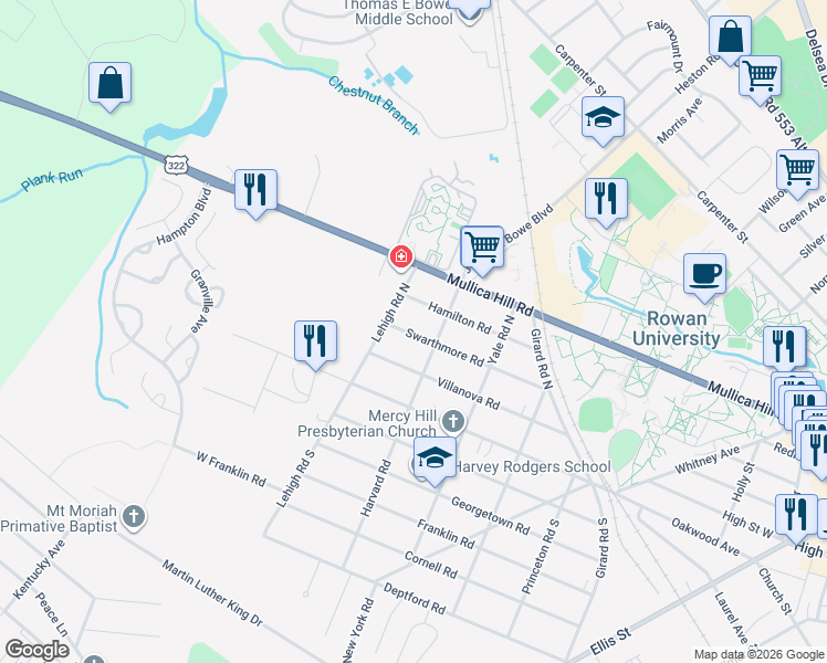 map of restaurants, bars, coffee shops, grocery stores, and more near 402 Swarthmore Road in Glassboro