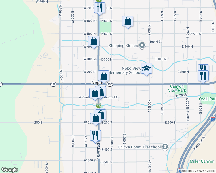 map of restaurants, bars, coffee shops, grocery stores, and more near 56 North 100 East in Nephi