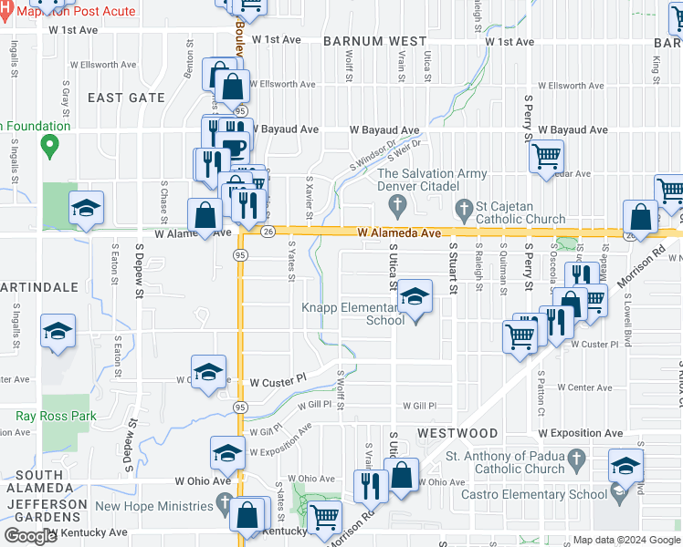 map of restaurants, bars, coffee shops, grocery stores, and more near 4703 West Dakota Avenue in Denver