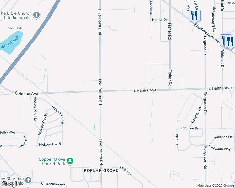 map of restaurants, bars, coffee shops, grocery stores, and more near 7131 East Hanna Avenue in Indianapolis