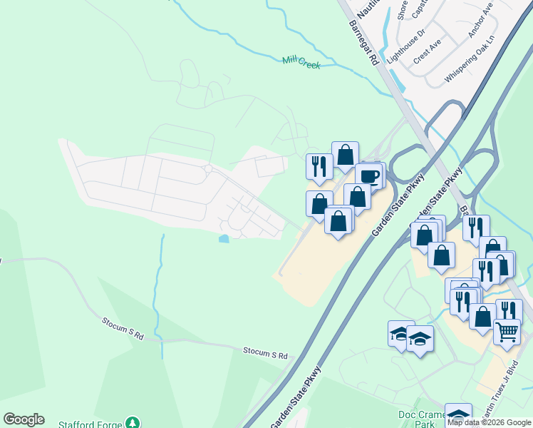 map of restaurants, bars, coffee shops, grocery stores, and more near 101 Campbell Boulevard in Stafford Township