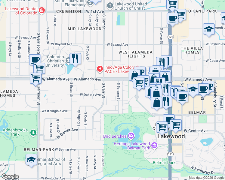 map of restaurants, bars, coffee shops, grocery stores, and more near 8355 West Dakota Avenue in Lakewood