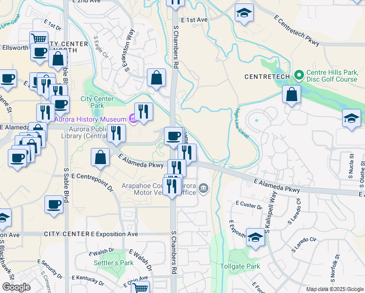 map of restaurants, bars, coffee shops, grocery stores, and more near 382 S Chambers Rd in Aurora