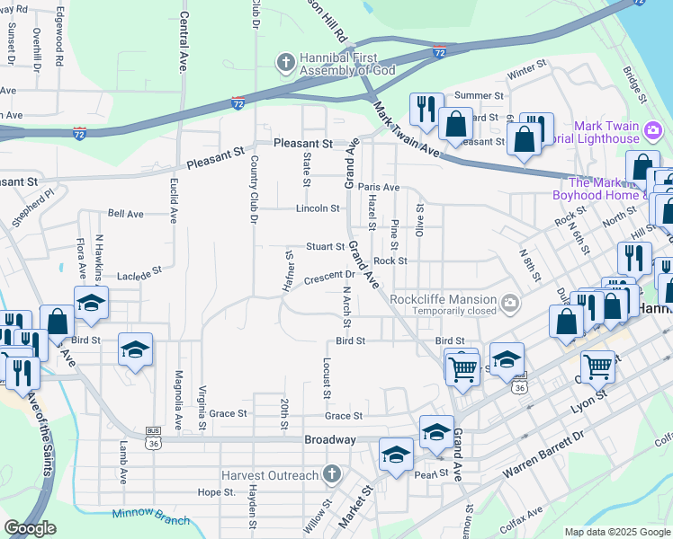 map of restaurants, bars, coffee shops, grocery stores, and more near 1618 Crescent Drive in Hannibal