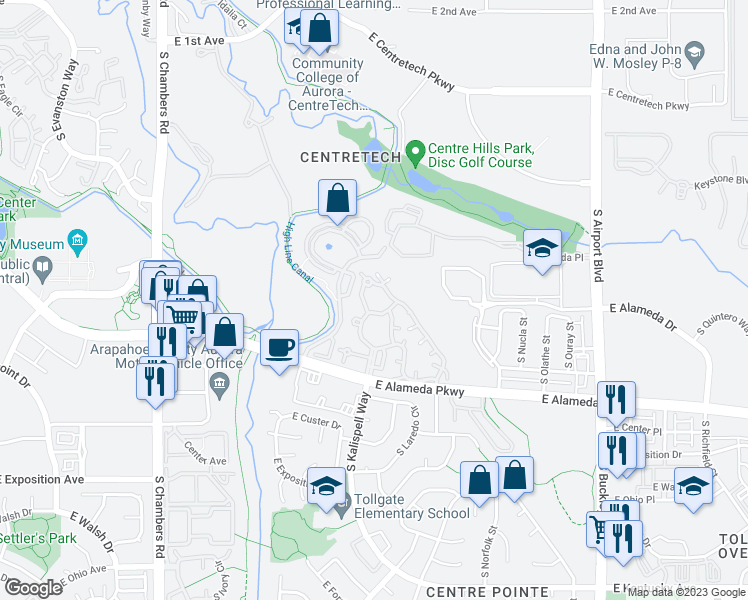 map of restaurants, bars, coffee shops, grocery stores, and more near 15911 East Dakota Place in Aurora