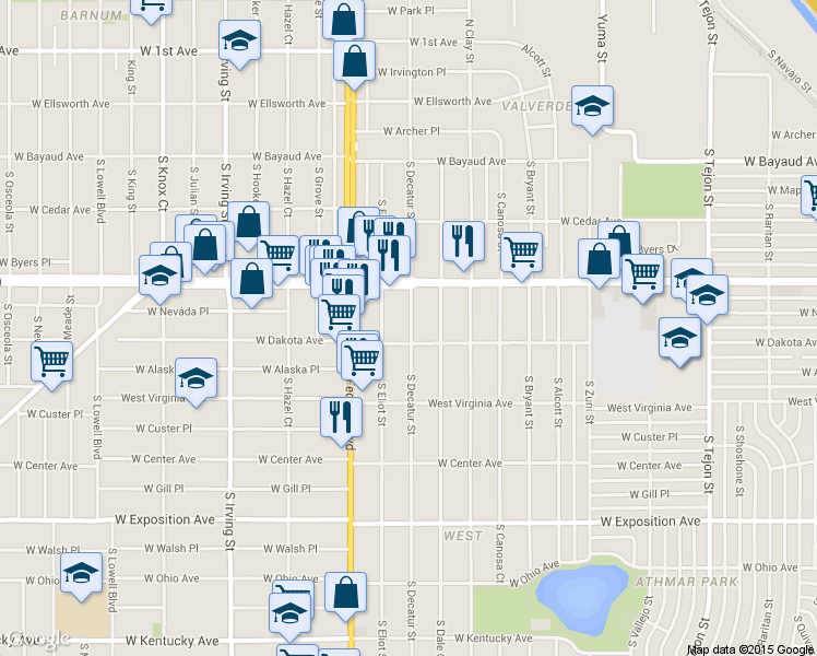 map of restaurants, bars, coffee shops, grocery stores, and more near 390 South Decatur Street in Denver
