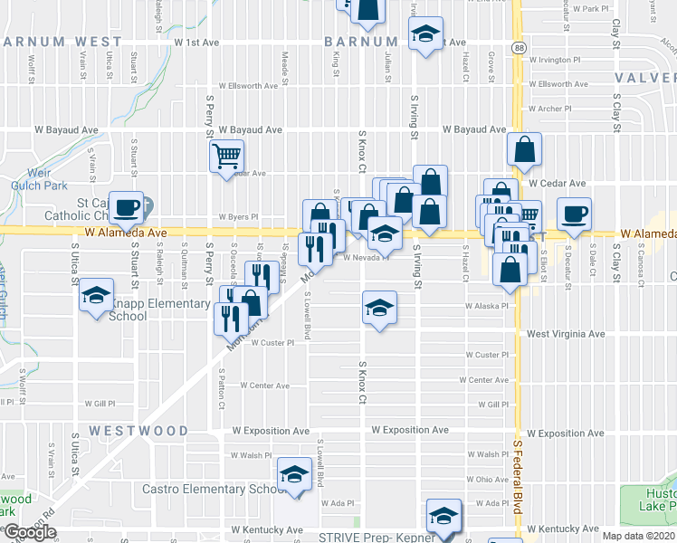 map of restaurants, bars, coffee shops, grocery stores, and more near 3467 West Dakota Avenue in Denver